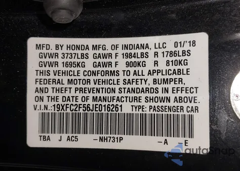 2018 Honda Civic Lx z USA, uszkodzony, nr VIN 19XFC2F56JE016261